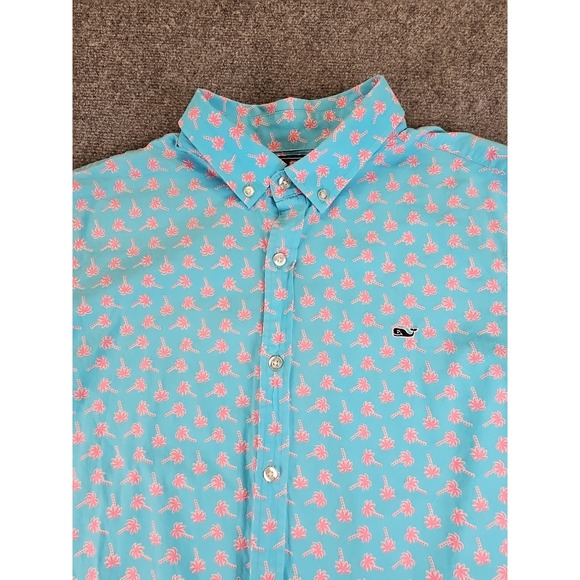 Vineyard Vines Other - Vineyard Vines Mens L Slim Fit Whale Shirt Blue Pink PalmTrees Short Sleeve 1392